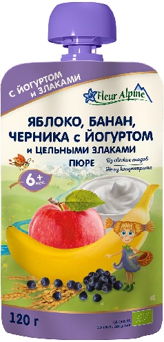 Пюре Fleur Alpine Organic Яблоко банан черника с йогуртом с 6 месяцев 120г