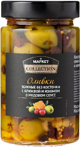 Оливки Market Collection зеленые с клюквой и изюмом в медовом соусе 320г