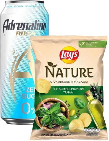 Комплект Набор Напиток Adrenaline Rush энергетический без сахара 449мл + Чипсы Lays Nature Средиземноморские травы 90г